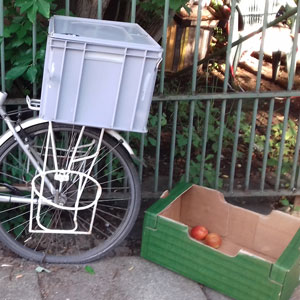 Fahrrad mit Transportkiste, Pappstiege mit Äpfeln